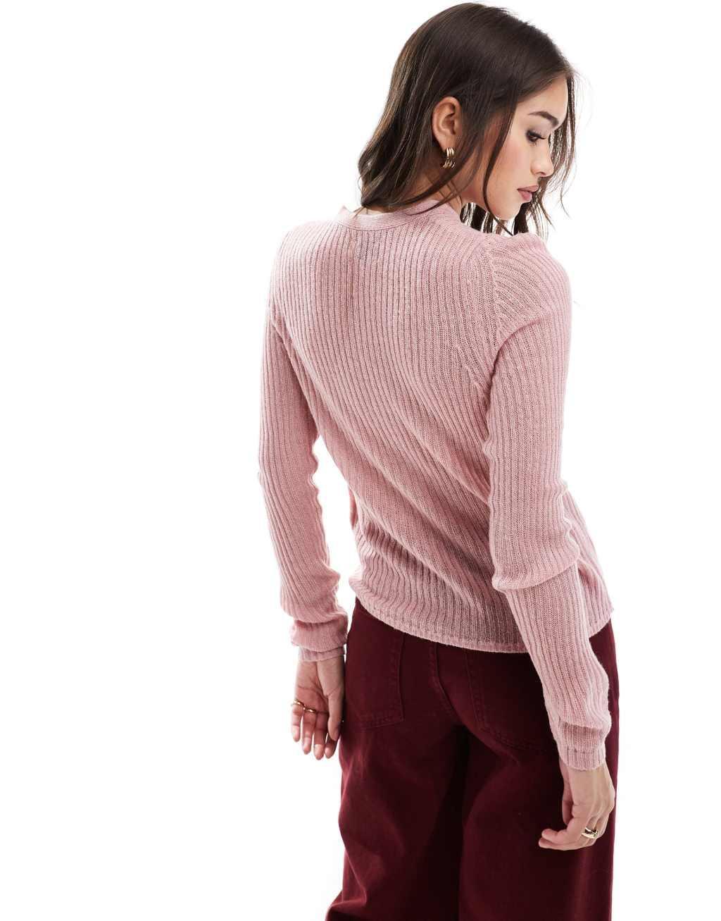 ASOS DESIGN high V-neck fine gauge cardigan in pink Product Image