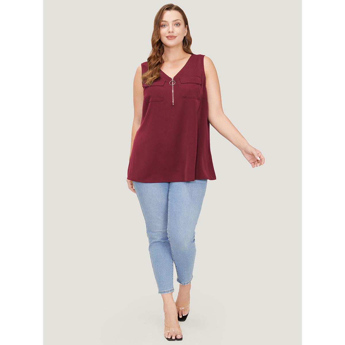 Plus Size Solid Half Zipper Flap Detail Tank Top Women Burgundy Casual Zipper V-neck Dailywear Tank Tops Camis BloomChic 14-16/1X Product Image