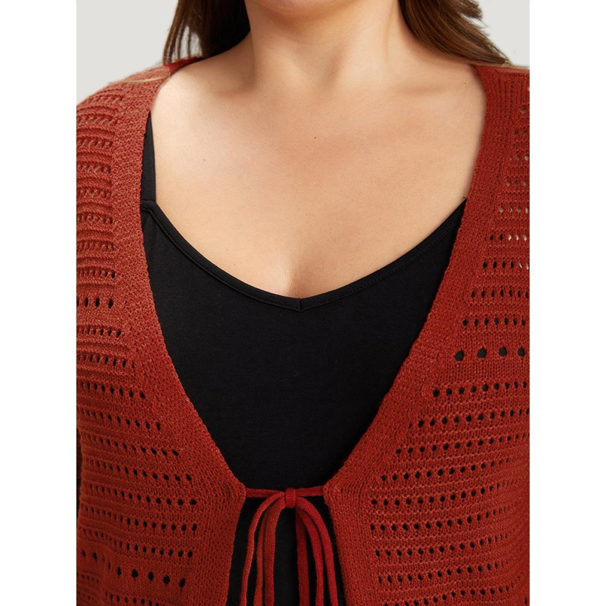 Plus Size Plain Ties Front Geometric Eyelet Cardigan Rust Women Casual Loose Long Sleeve Dailywear Cardigans BloomChic 10/M Product Image