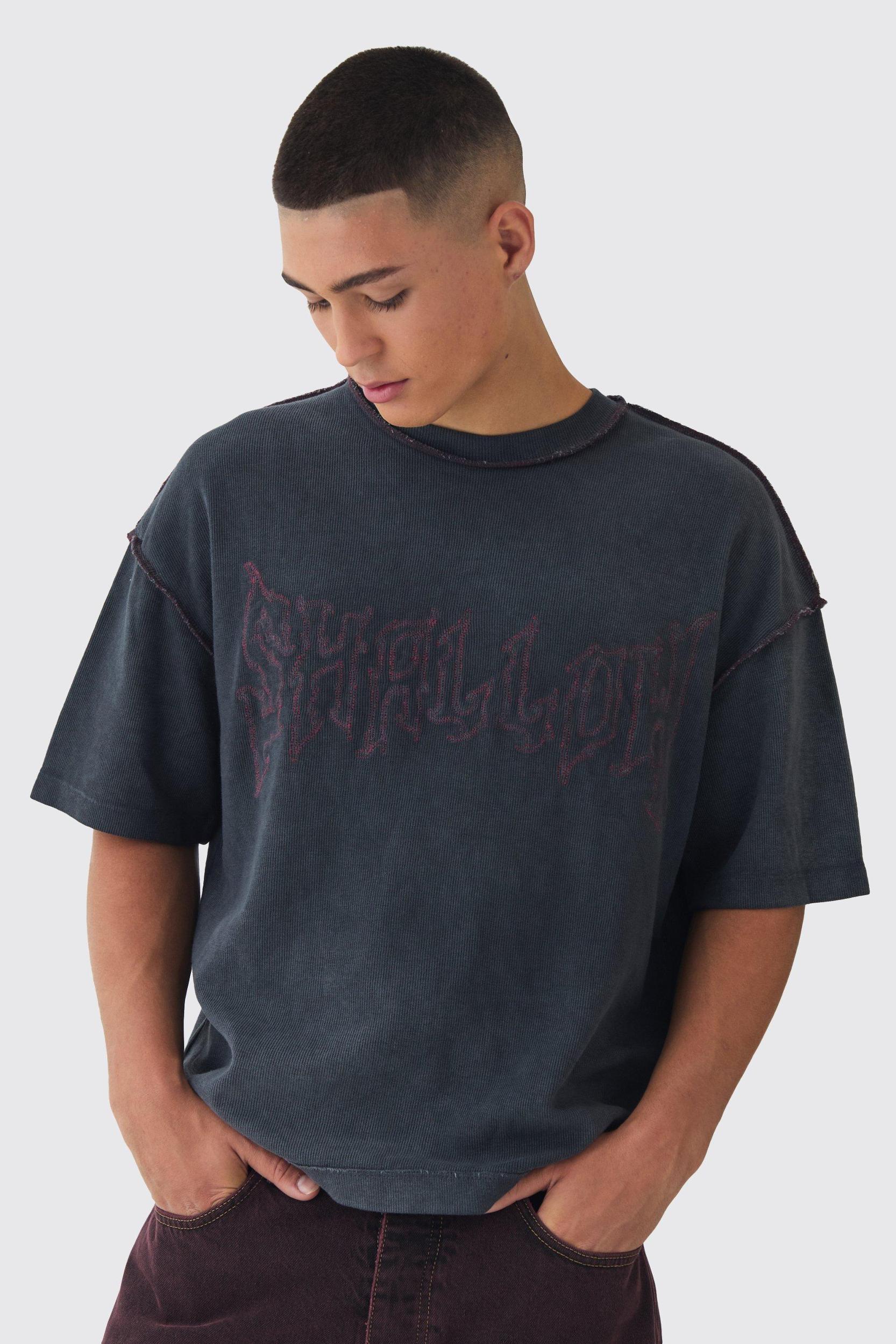 Oversized Boxy Waffle Embroidered Contrast Stitch T-shirt | boohooMAN USA Product Image