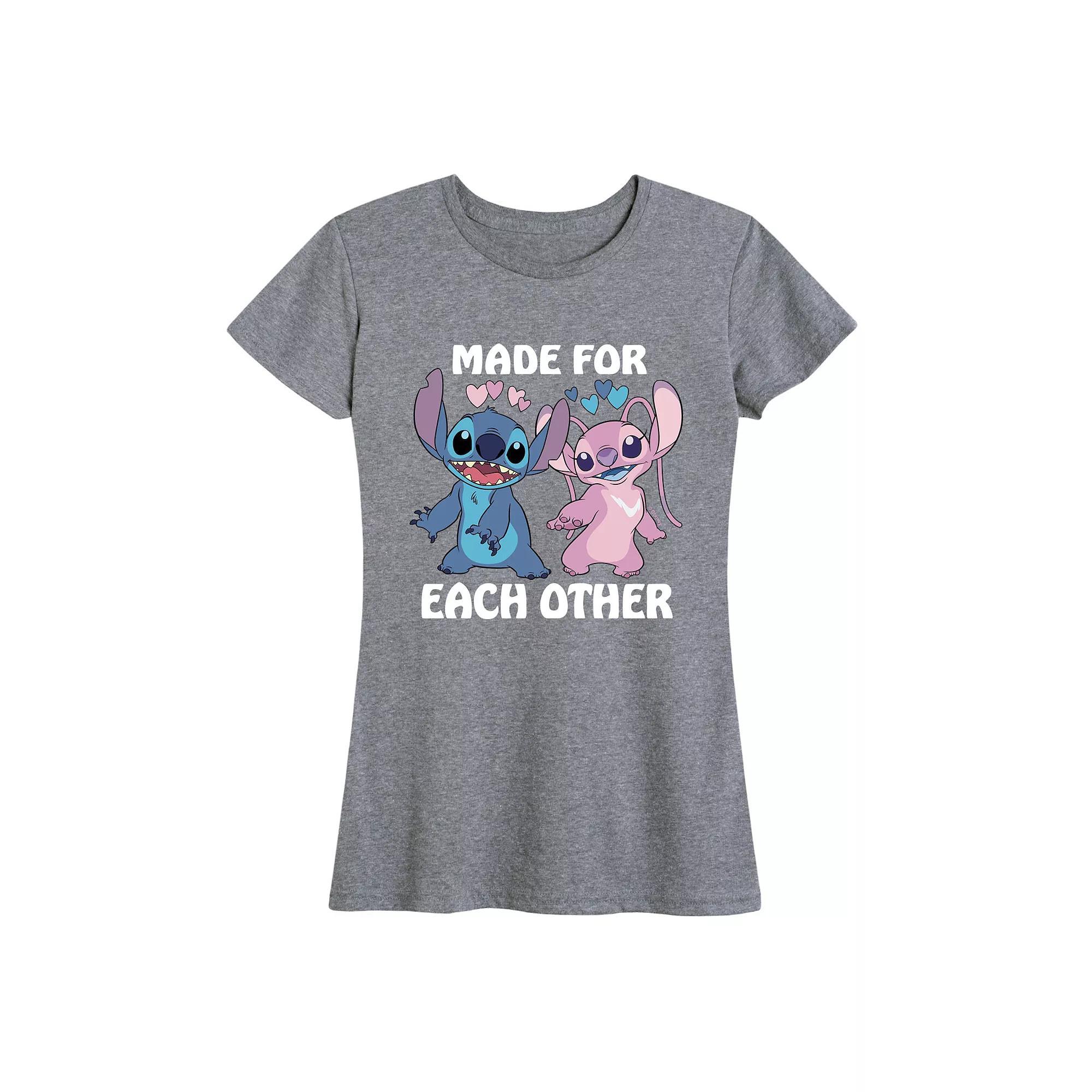 Disneys Lilo & Stitch Womens Made For Each Other Graphic Tee Grey Gray Product Image