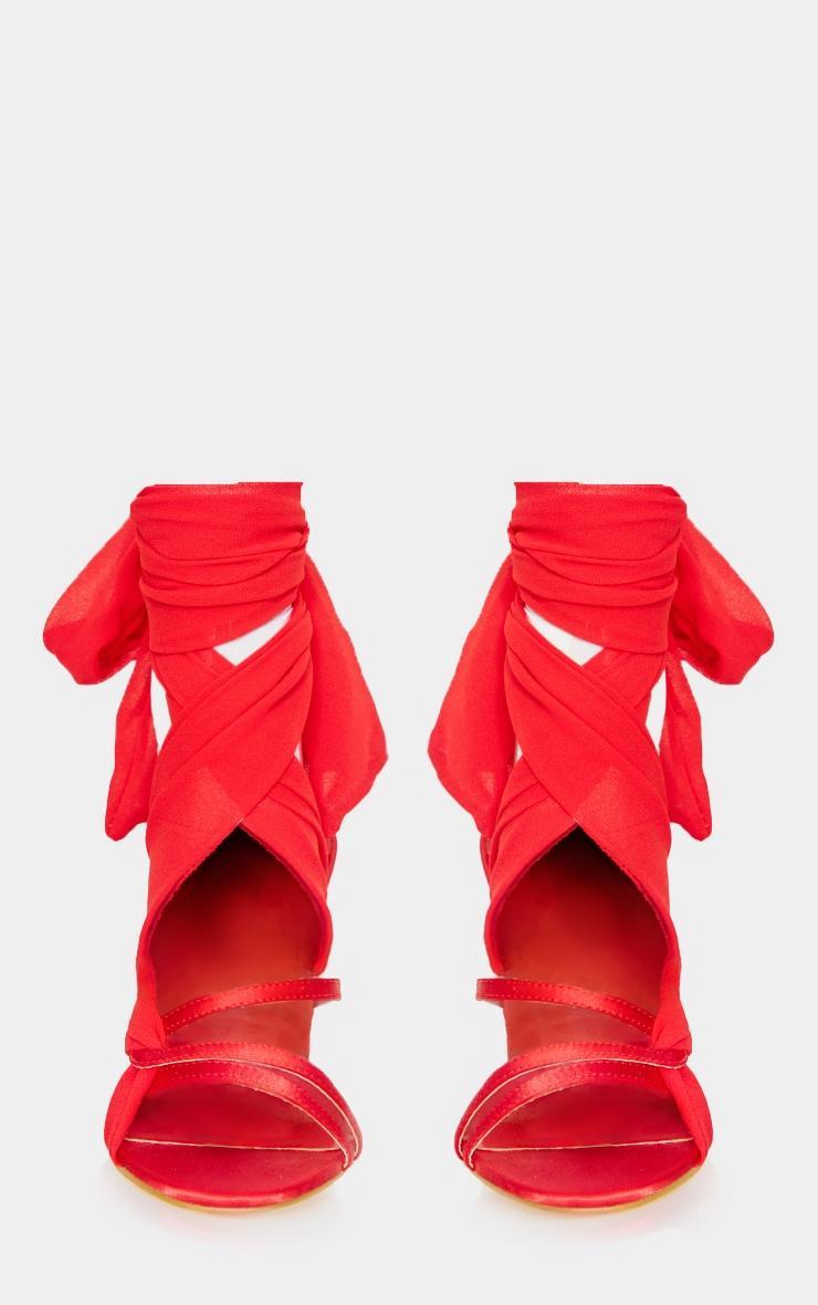 Red Satin Round Toe Lace Up Ribbon High Heeled Sandals Product Image