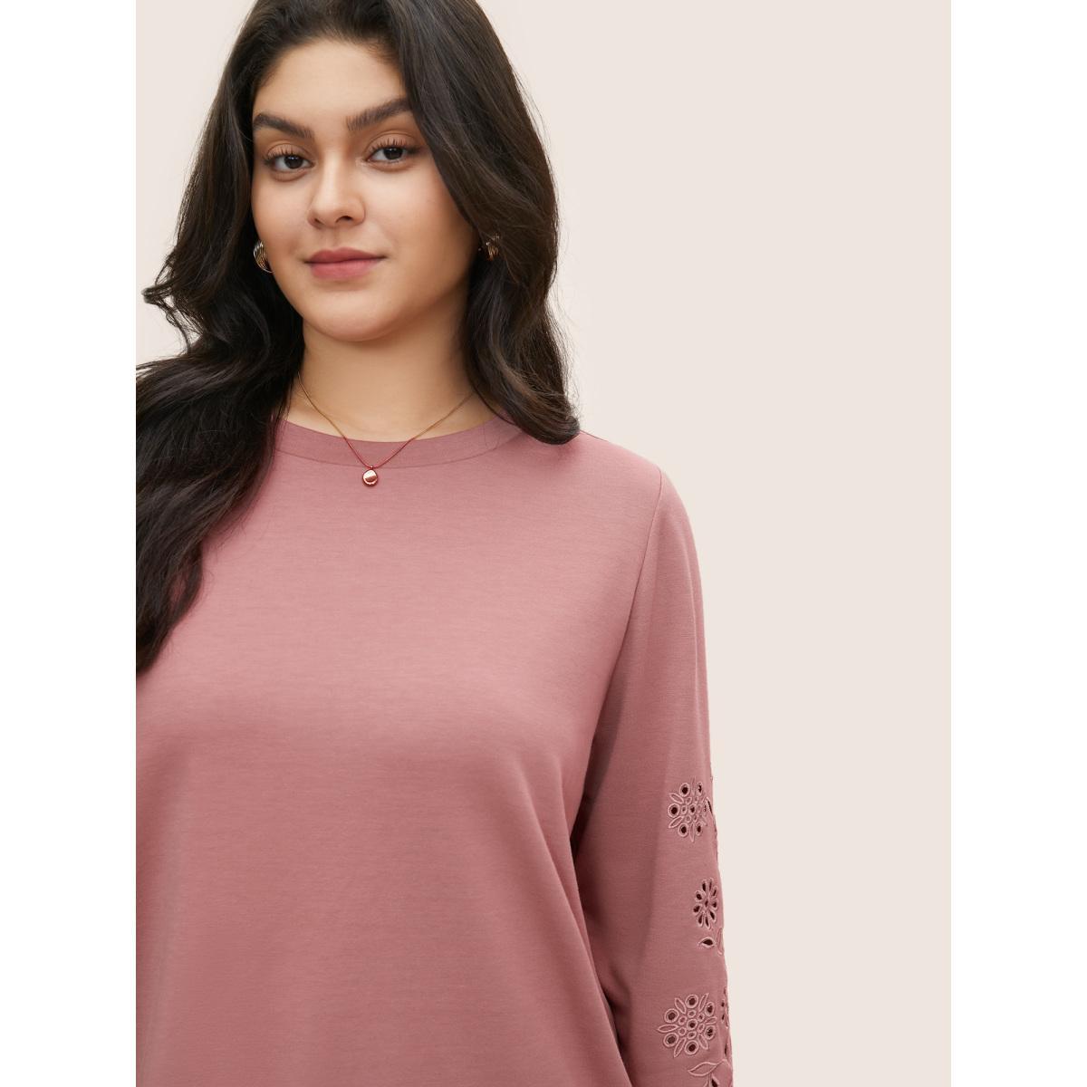 Plus Size Solid Broderie Anglaise Crew Neck Sweatshirt Women DustyPink Elegant Non Round Neck Everyday Sweatshirts BloomChic 28/5X Product Image