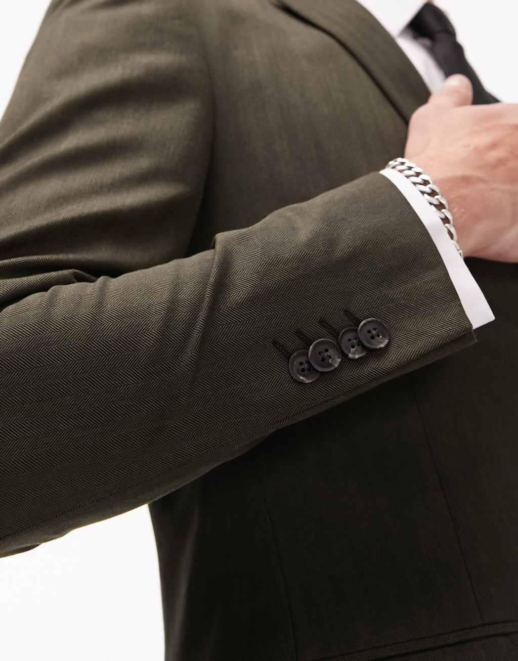 Topman skinny herringbone suit jacket in khaki Product Image