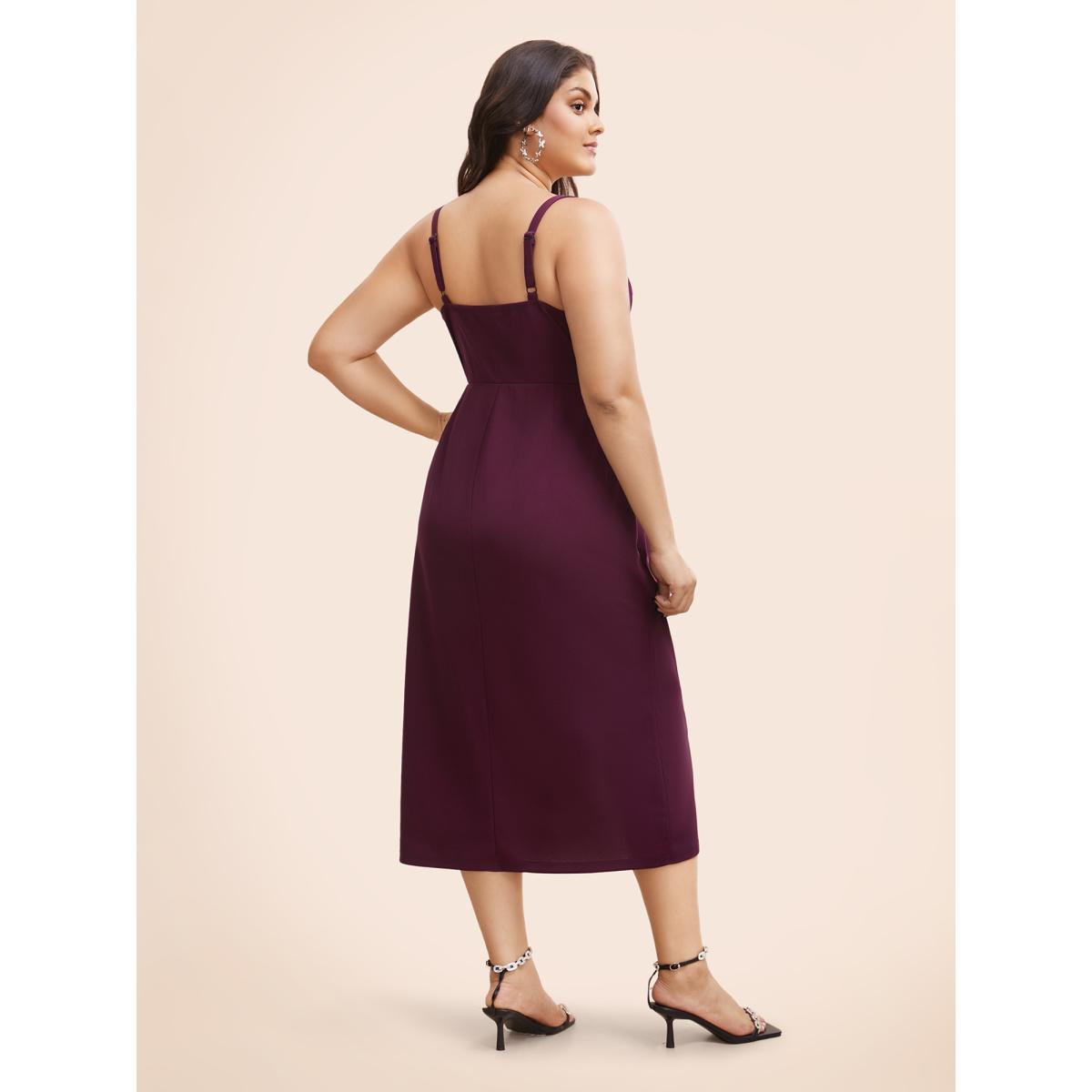 Plus Size Plain Notched Pleated Detail Spaghetti Strap Wrap Hem Dress Eggplant Women Cocktail Adjustable Straps Heart neckline Sleeveless Curvy Midi Dress BloomChic 30/6X Product Image