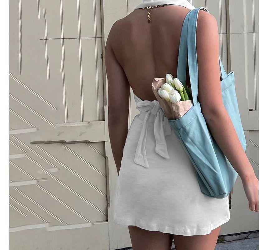 Set: Halter Plain Open Back Button Crop Top+ High Waist Slit Mini Pencil Skirt Product Image