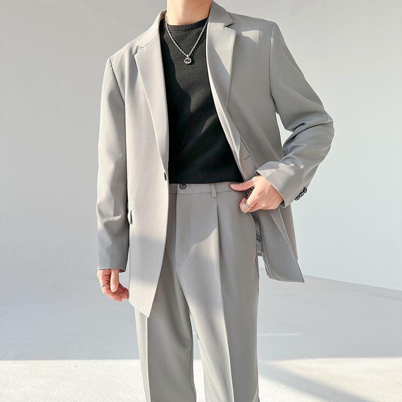 Set: Notch Lapel Plain Single Breasted Blazer + Mid Rise Straight Leg Dress Pants Product Image