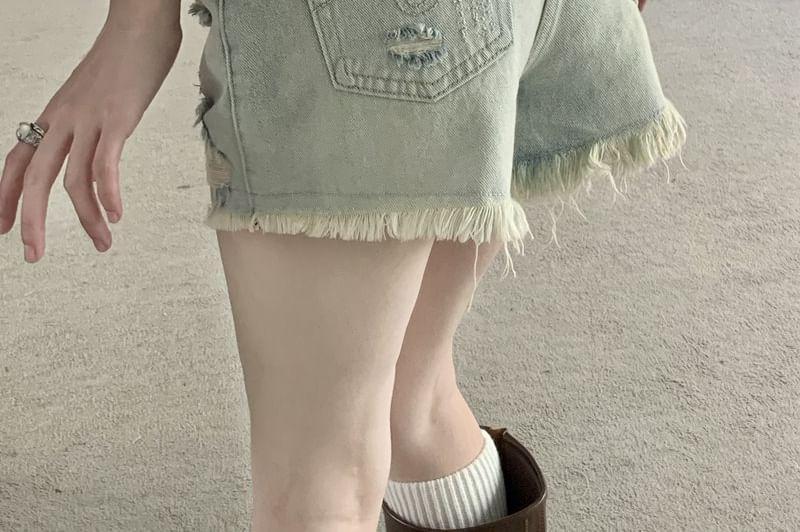 High Waist Frayed Denim Shorts Product Image