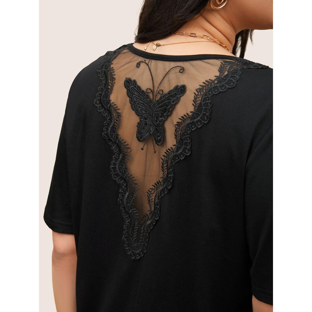 Plus Size Butterfly Crochet Lace Mesh V Neck T-shirt Black Women Elegant See through Animal Round Neck Everyday T-shirts BloomChic 26/4X Product Image
