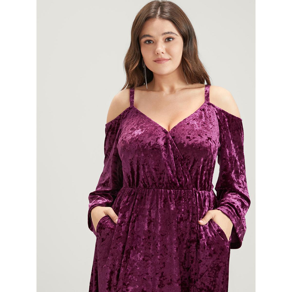 Plus Size Solid Cold Shoulder Pocket Bell Sleeve Velvet Dress RedViolet Women Party Elastic Waist Cold Shoulder Long Sleeve Curvy Midi Dress BloomChic 18-20/2X Product Image