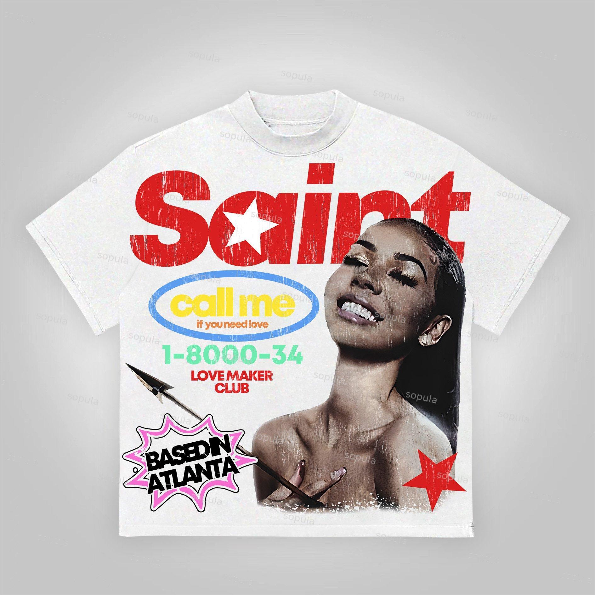 Sopula Vintage Saint Call Me If You Need Love Graphic Short T-Shirt Product Image