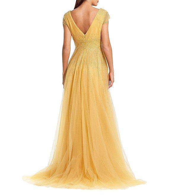 Mac Duggal V-Neck Beaded Embellished Tulle Cap Sleeve Gown Product Image