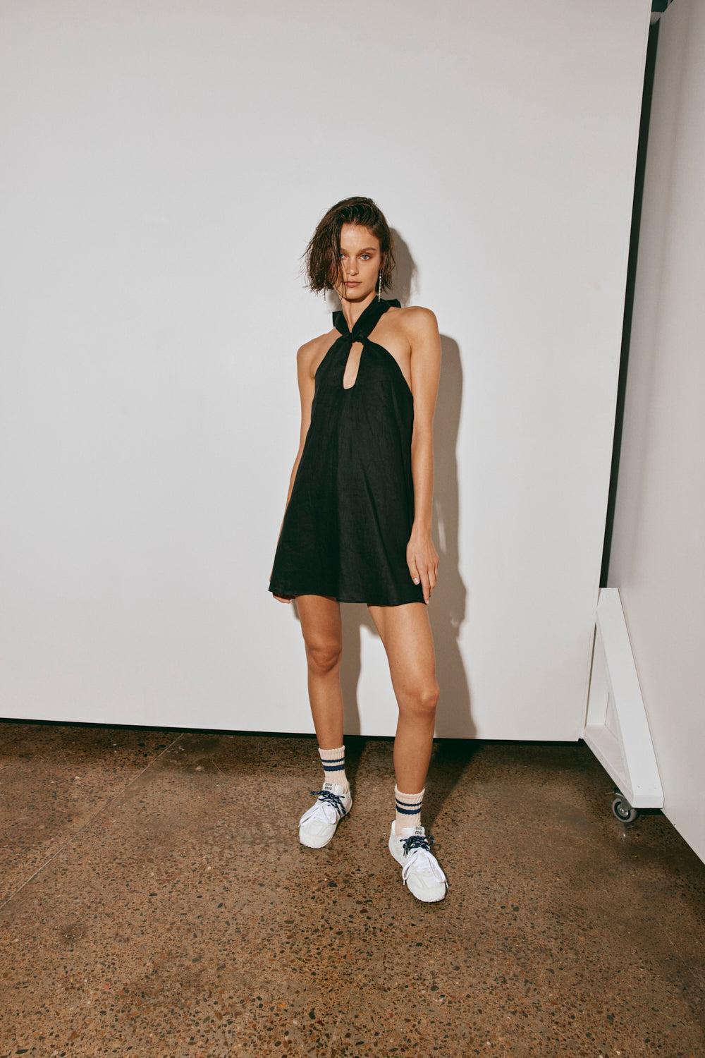 Natassia Linen Halter Mini Dress Black Product Image