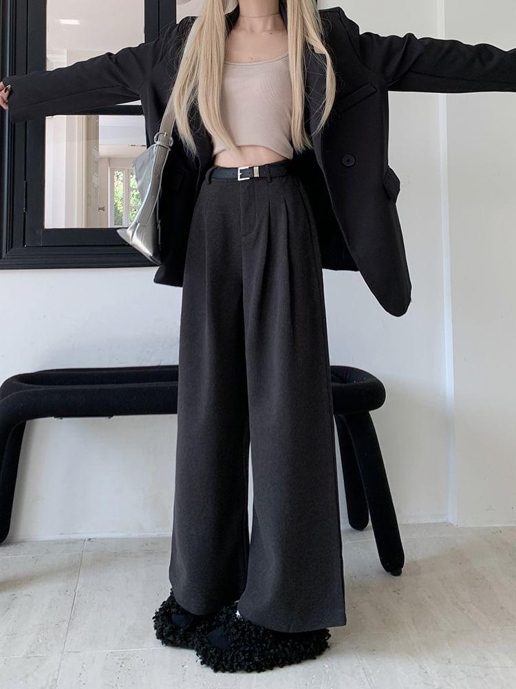 High Waist Plain Wide Leg Slacks Product Image