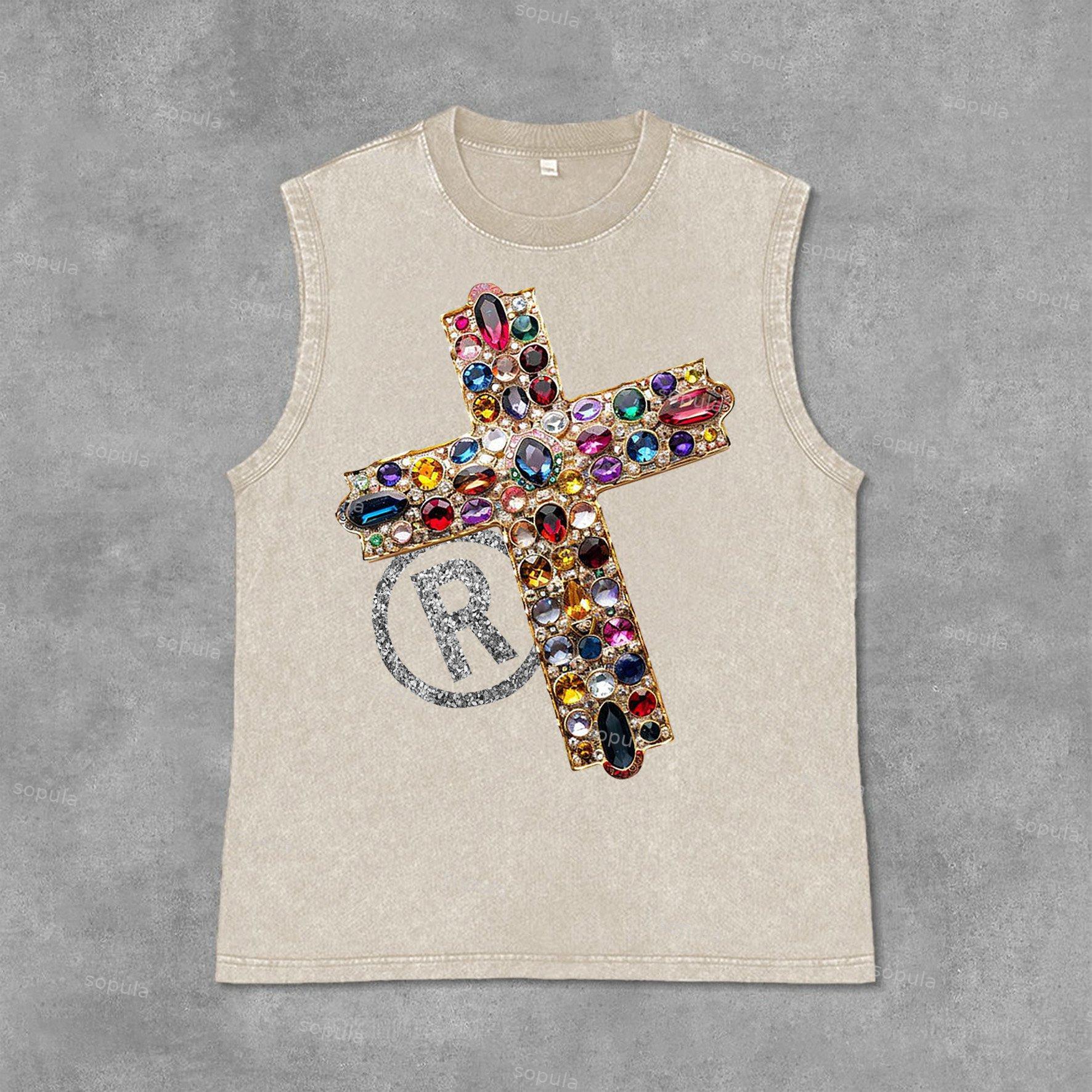 Sopula Men's Diamond Cross Graphic Acid Washed Sleeveless Tank Top Product Image