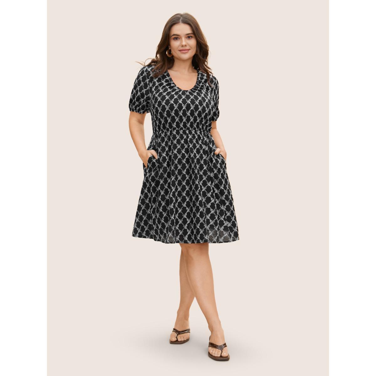 Plus Size U Neck Geometric Tie Knot Puff Sleeve Dress Black Women Casual Texture U-neck Short sleeve Curvy BloomChic 26/4X Product Image