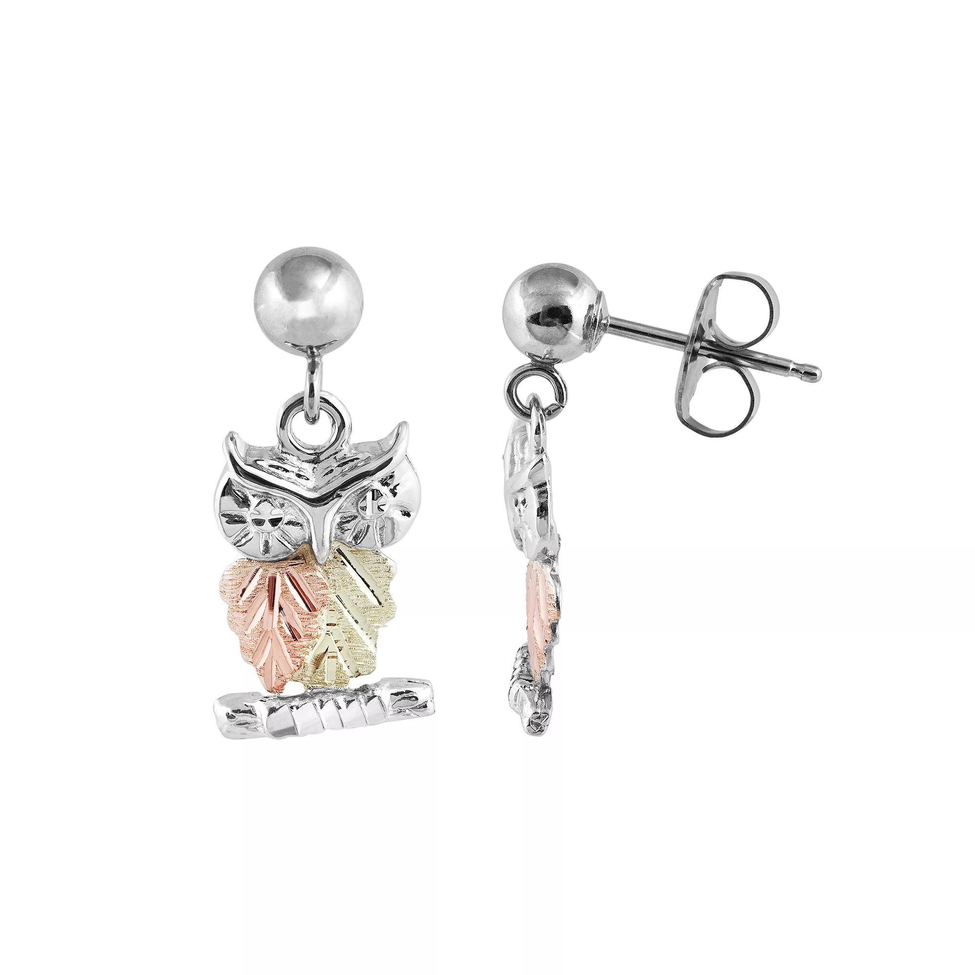 Black Hills Gold Tri Tone Leaf Owl Drop Earrings in Sterling Silver, Women's Product Image