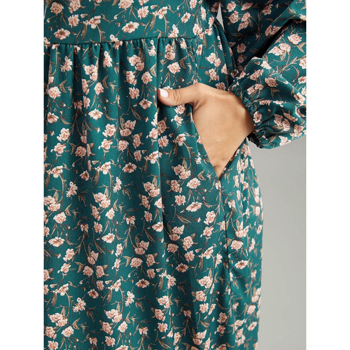 Plus Size Ditsy Floral Square Neck Elastic Waist Ties Dress Teal Women Vacation Elastic cuffs Square Neck Long Sleeve Curvy Midi Dress BloomChic 30/6X Product Image