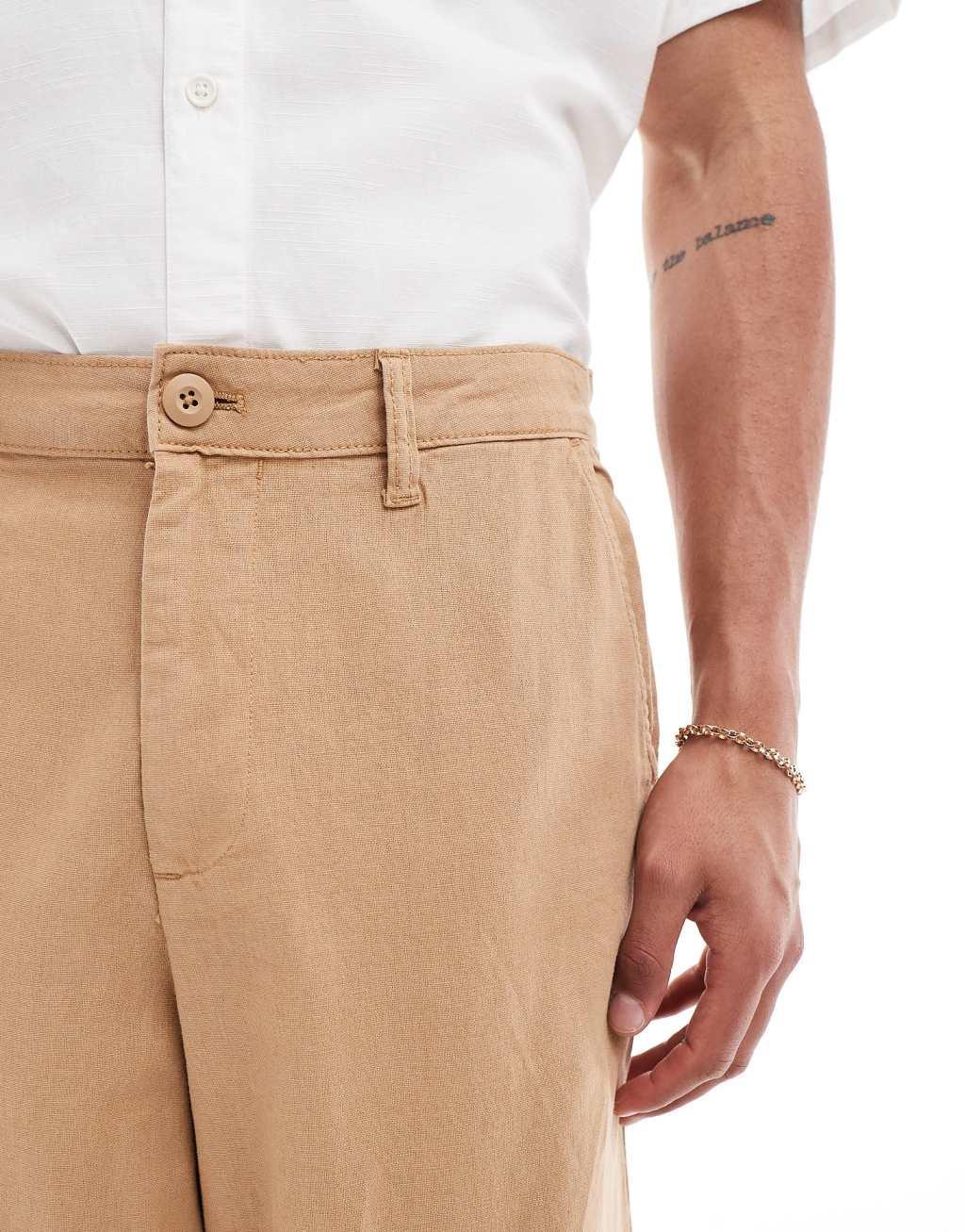 ASOS DESIGN wide linen mix chino pants in brown Product Image