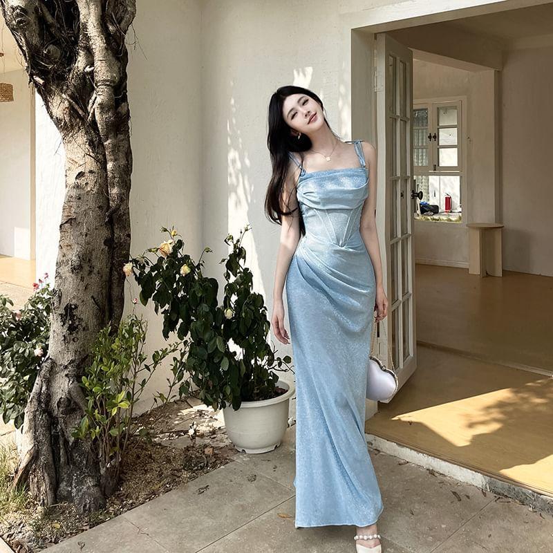 Sleeveless Glitter Ruched Slim-Fit Maxi Bodycon Dress Product Image