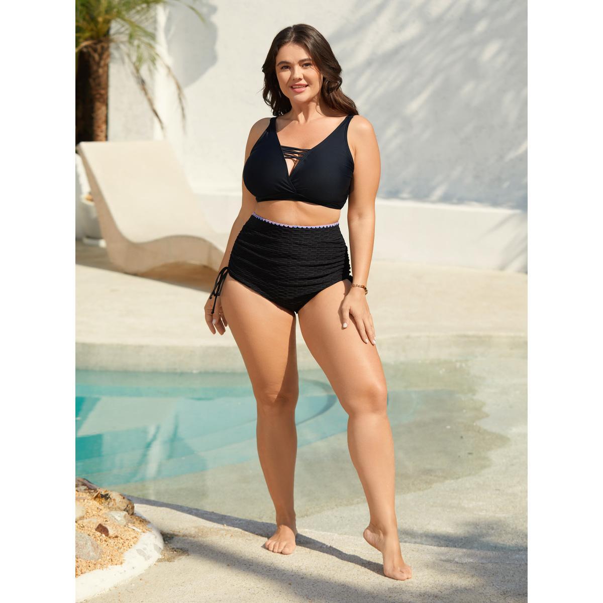 Plus Size High Waisted Embroidered Drawstring Swim Bottoms Women's Swimwear Black Beach Texture High stretch Skinny High Rise Curve Swim Bottoms BloomChic 18-20/2X Product Image