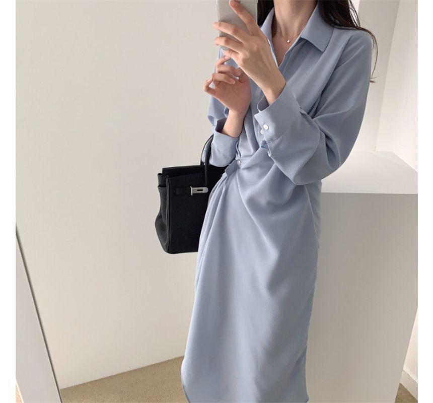 Long-Sleeve Plain Asymmetrical Midi A-Line Shirt Dress Product Image