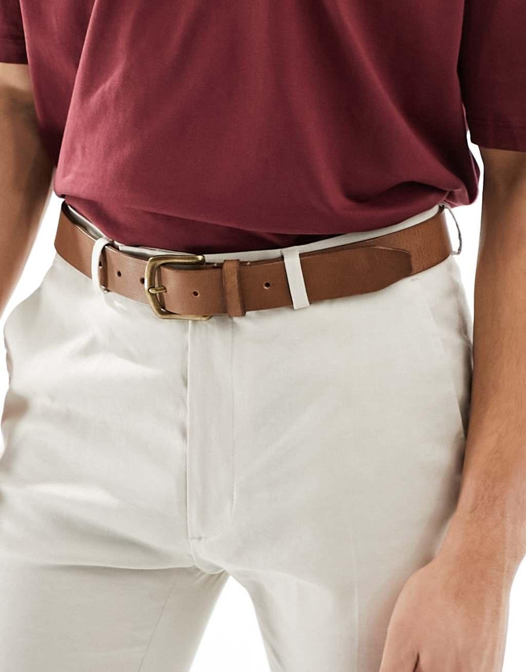 ASOS DESIGN leather belt with burnished gold buckle Product Image