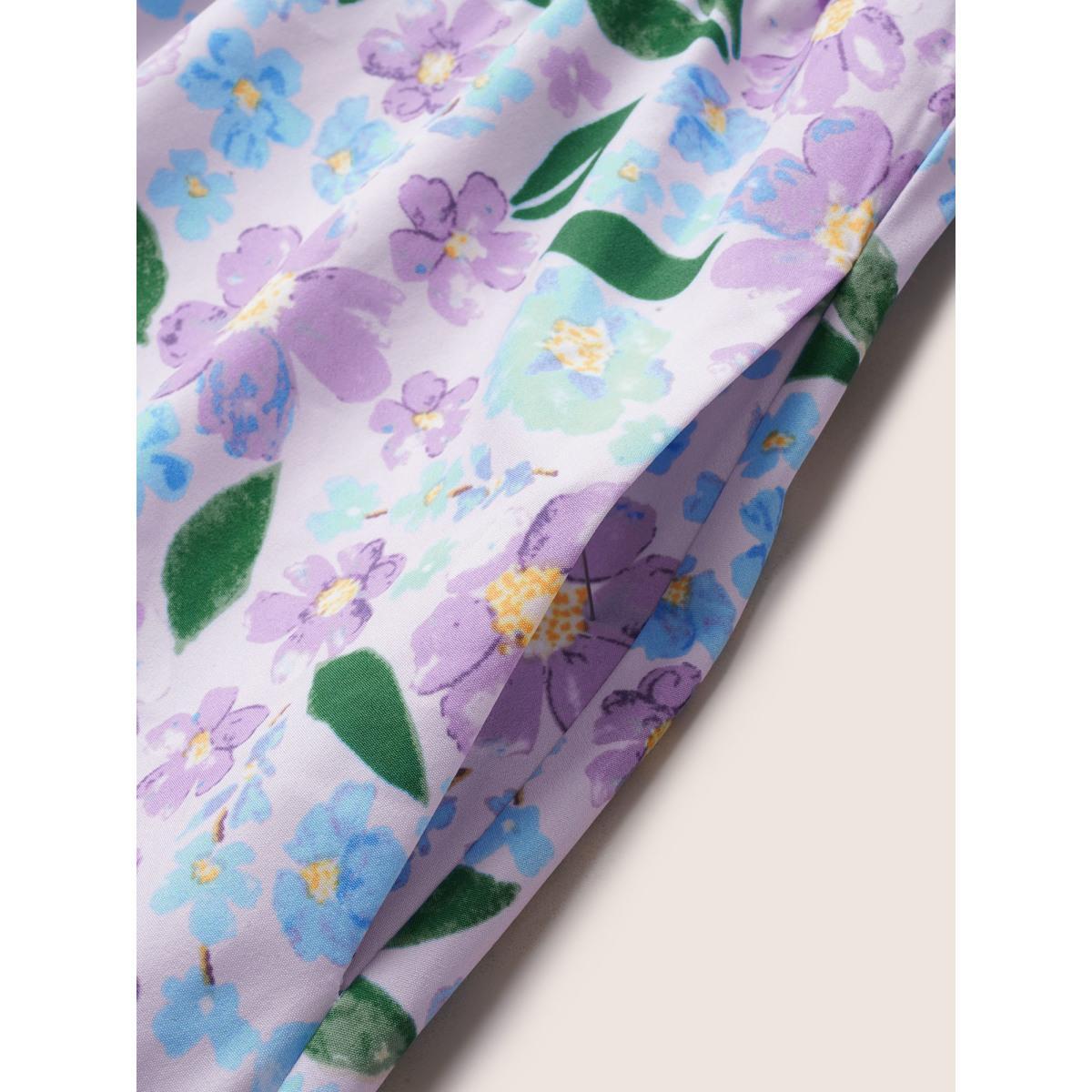 Plus Size Floral Tie Knot Lantern Sleeve Midi Dress Lilac Women Elegant Tie knot Square Neck Short sleeve Curvy BloomChic 22-24/3X Product Image