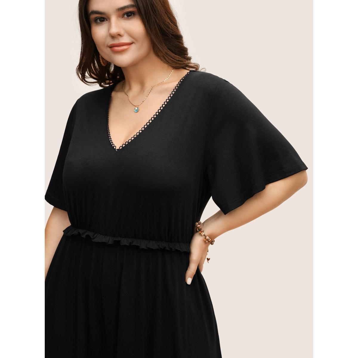 Plus Size Black V Neck Lace Panel Frill Trim Jumpsuit Women Resort Short sleeve V-neck Vacation Loose Jumpsuits BloomChic 30/6X Product Image