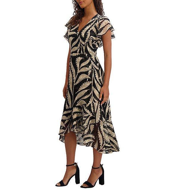 Kensie Printed Burnout Chiffon V-Neck Short Flutter Sleeves Ruffle A-Line Midi Dress Product Image