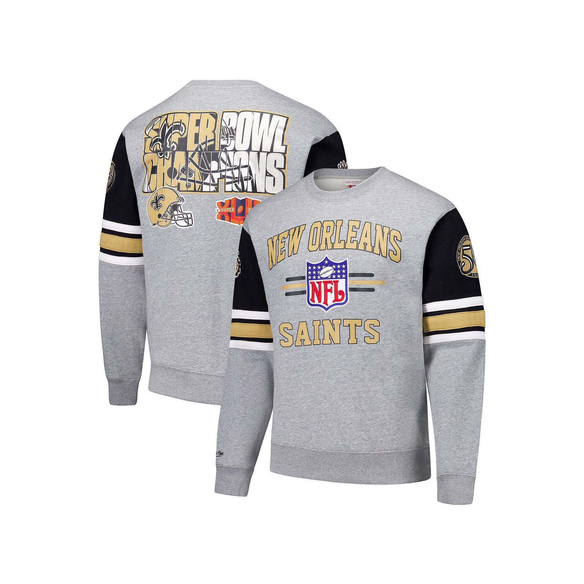 Men's Mitchell & Ness Heather Gray New Orleans Saints All Over 4.0 Vintage Logo Pullover Sweatshirt, Size: Large, Grey Product Image
