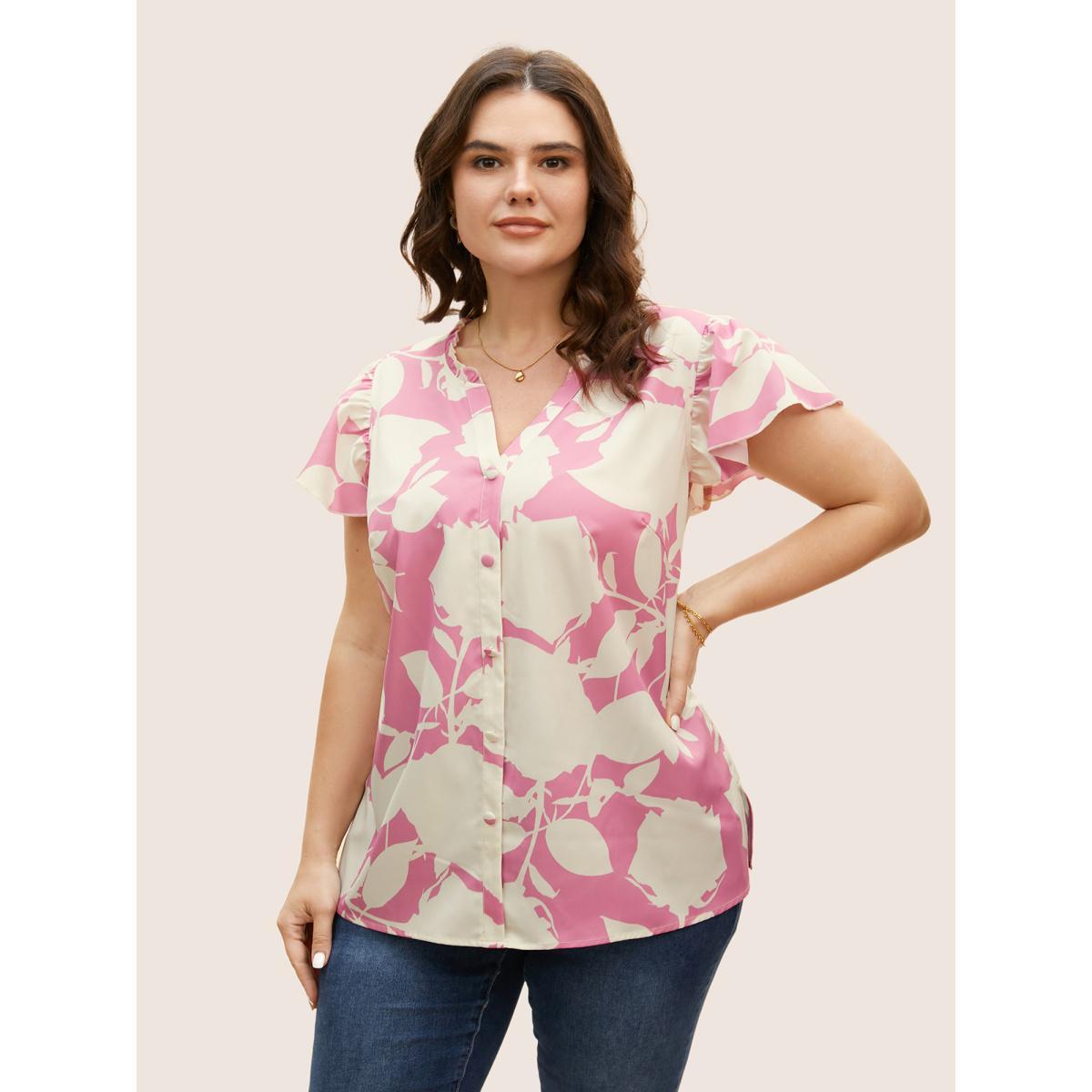 Plus Size Beanpastepowder Silhouette Floral Print Button Detail Blouse Women Elegant Cap Sleeve V-neck Everyday Blouses BloomChic 30/6X Product Image