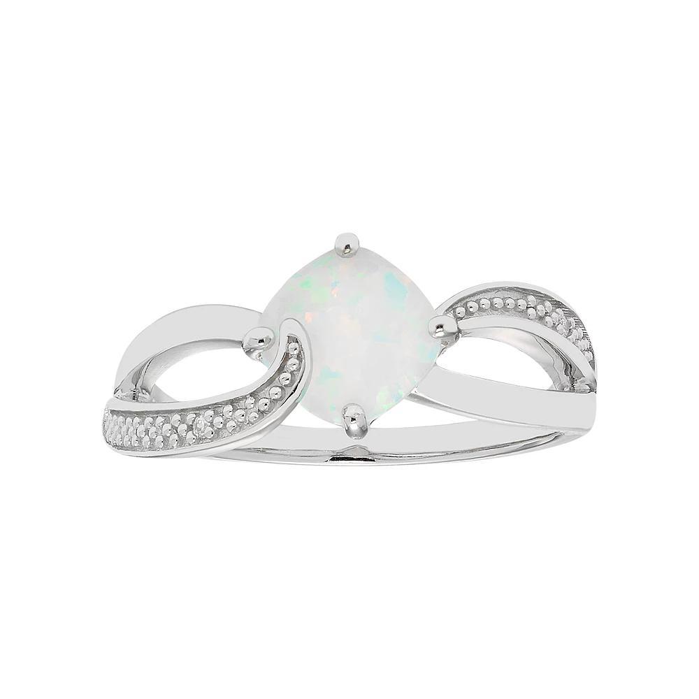 Sterling Silver Lab Created Opal & Diamond Accent Cushion Bypass Ring, Women's, Size: 9, White Product Image