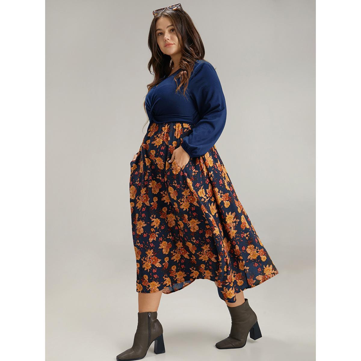 Plus Size Supersoft Essentials Floral Patchwork Twist Front Dress DarkBlue Women Elegant Elastic cuffs V-neck Long Sleeve Curvy Midi Dress BloomChic 28/5X Product Image