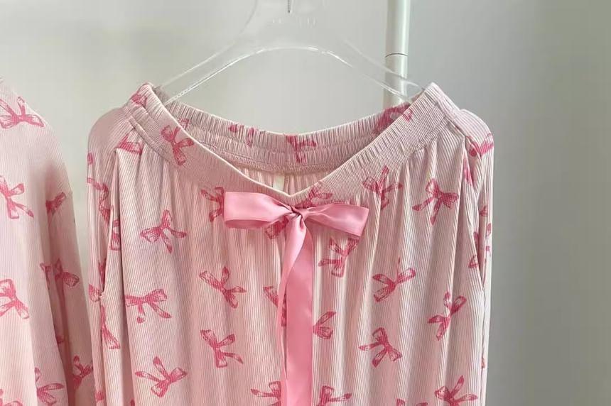 Pajama Set: Long-Sleeve Bow Print Button-Up T-Shirt + Pants Product Image