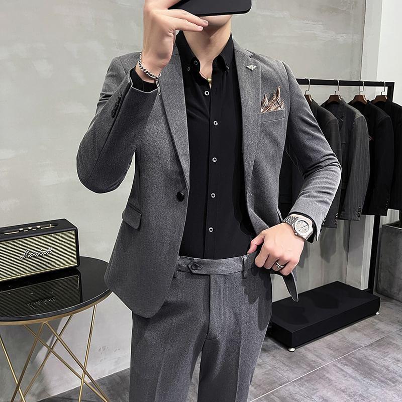 Plain Blazer / V-Neck Button-Up Vest / High Waist Straight Leg Dress Pants / Set Product Image