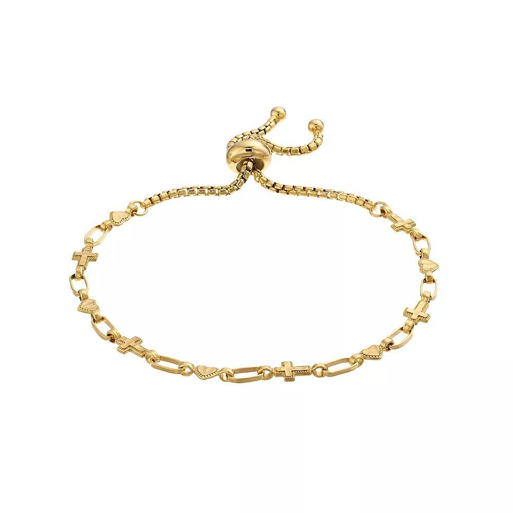 Kristen Kesho Sterling Silver Cross & Heart Link Adjustable Bolo Bracelet, Women's, Size: 9.50, Gold Tone Product Image