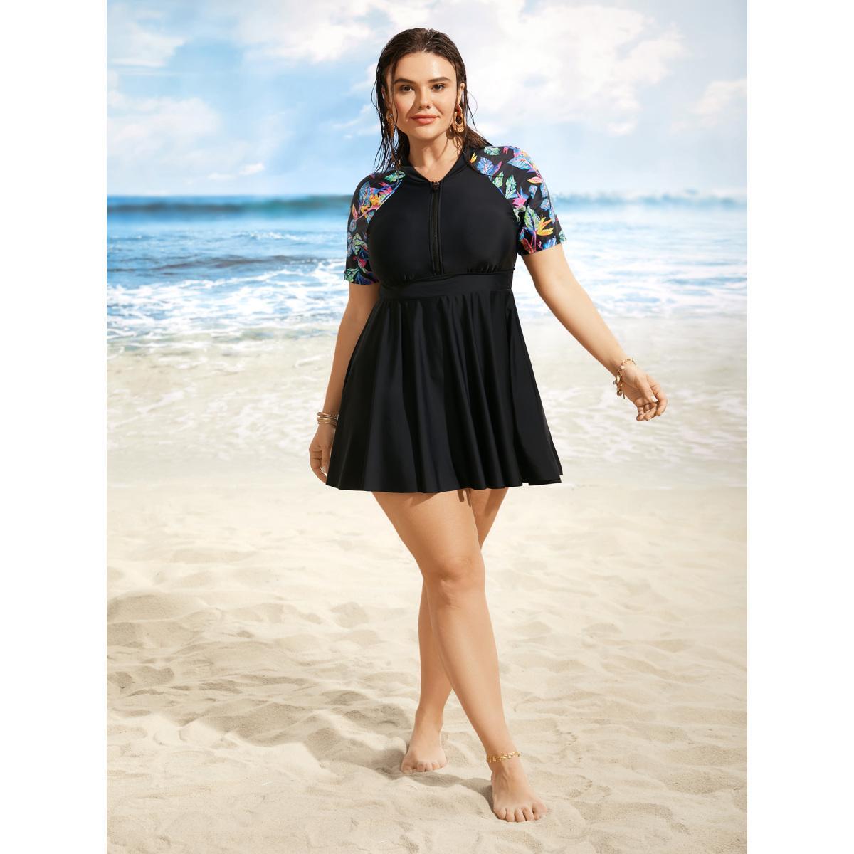 Plus Size Tropical Print Half Zip Raglan Sleeve Swim Dress Women's Swimwear Black Beach Bodycon Stand-up collar High stretch Curve Swim Dresses BloomChic 12/L Product Image