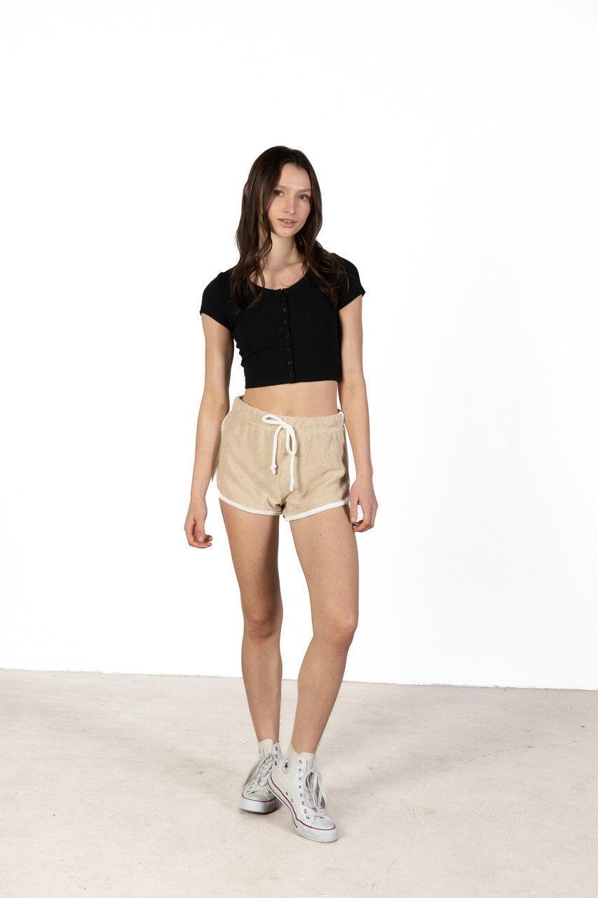 Tan Terry Drawstring Dolphin Shorts Product Image