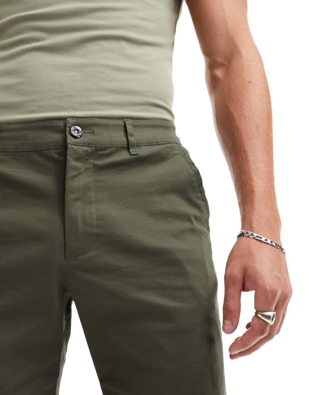 ASOS DESIGN 2 pack slim chino shorts in mid length in dark khaki and black Product Image