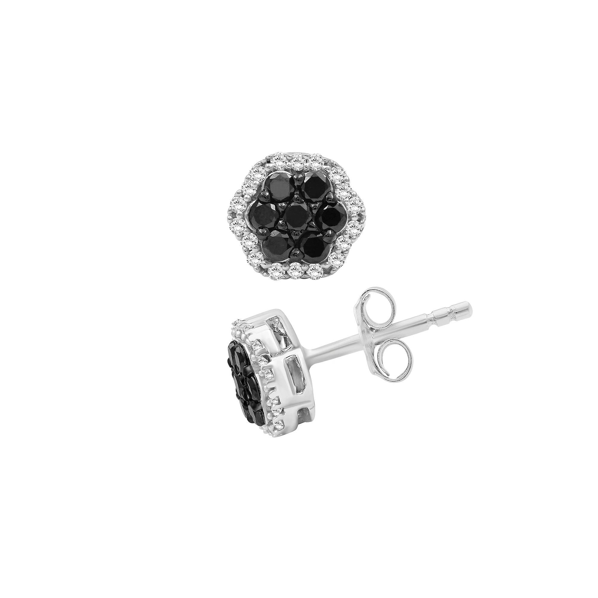 Jewelexcess Sterling Silver 1/2 Carat T.W. Black & White Diamond Halo Cluster Earrings, Women's Product Image
