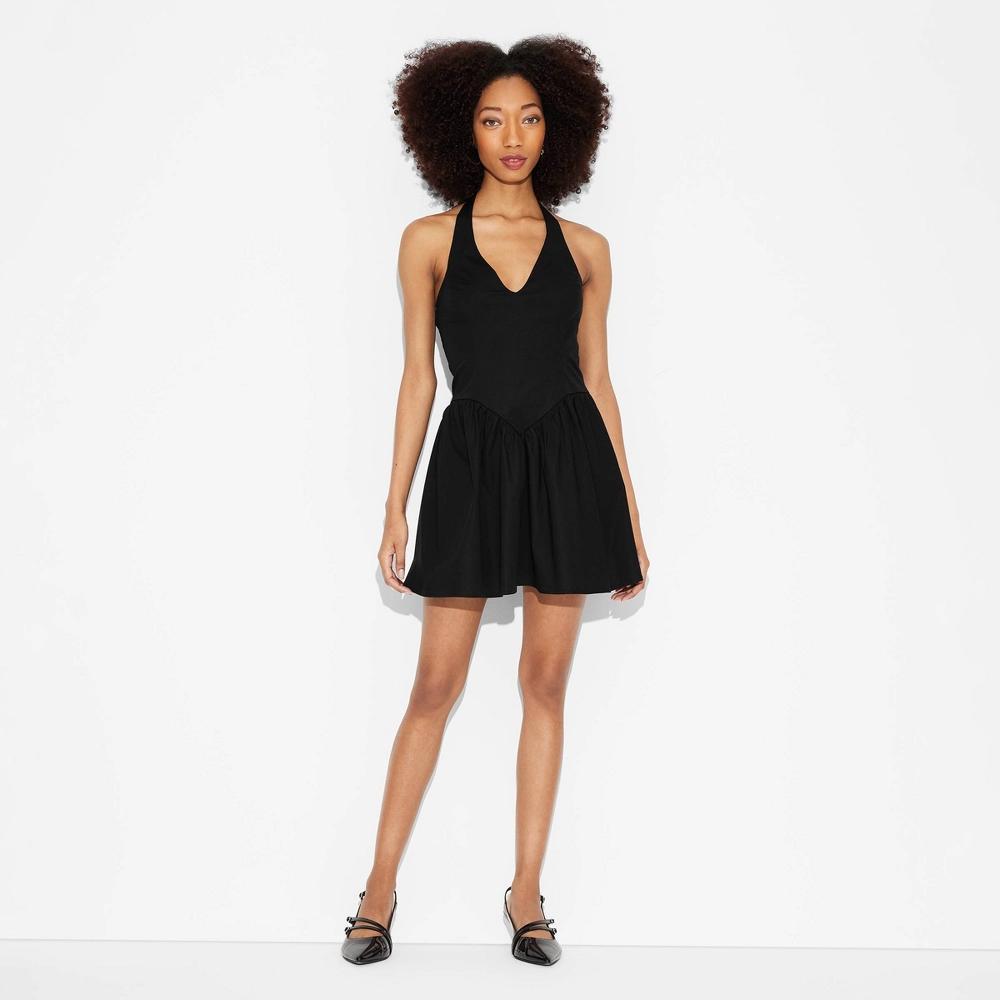 Women's Mini Skater Dress - Wild Fable™ Black XS: Cotton Poplin, Halter Neck, Side Zipper Product Image