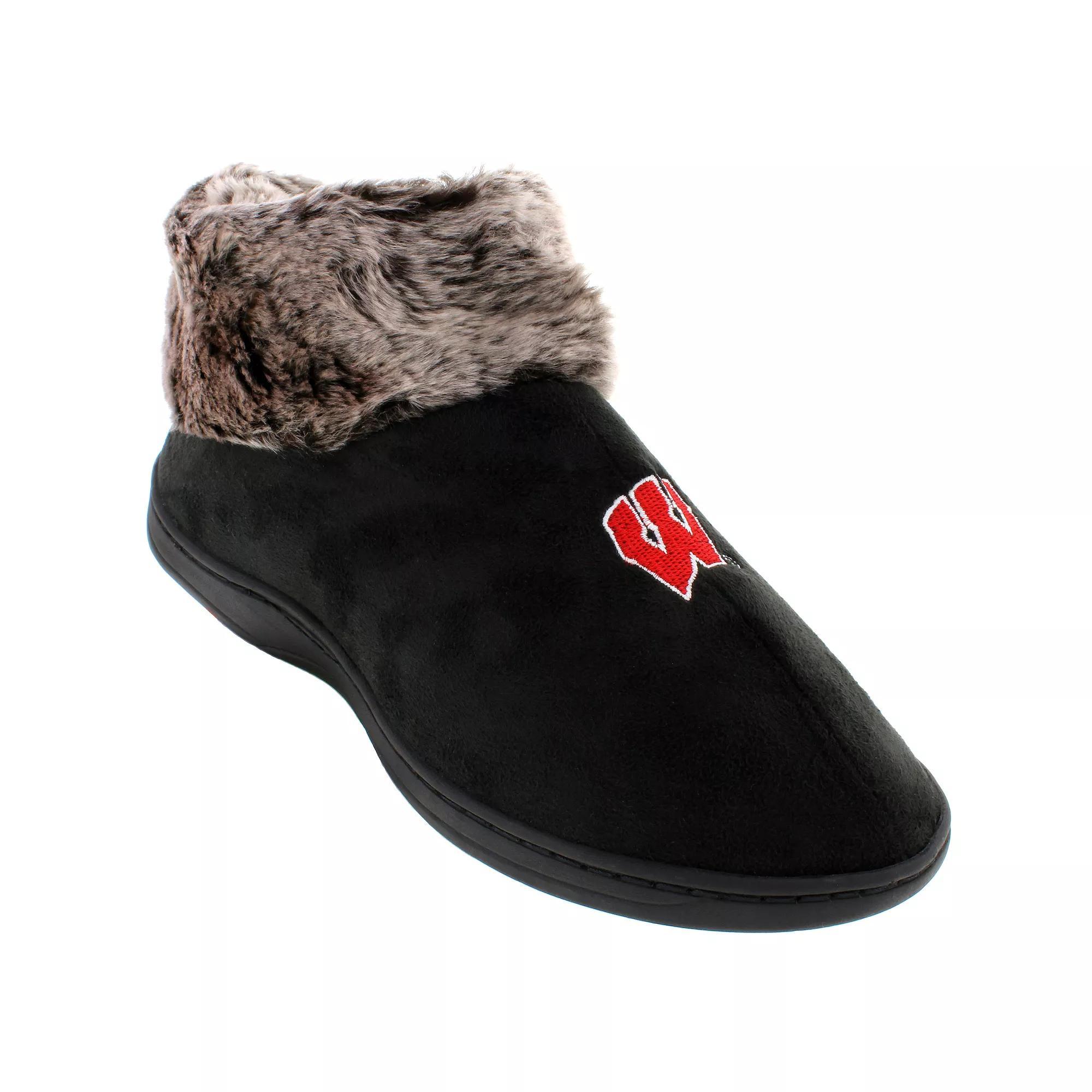 Wisconsin Badgers Faux-Fur Slippers, Women's, Size: Medium, Black Product Image