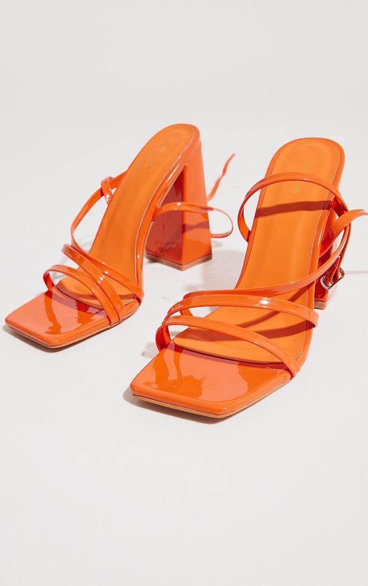 Orange Patent PU Square Toe Strappy High Block Heeled Sandals Product Image