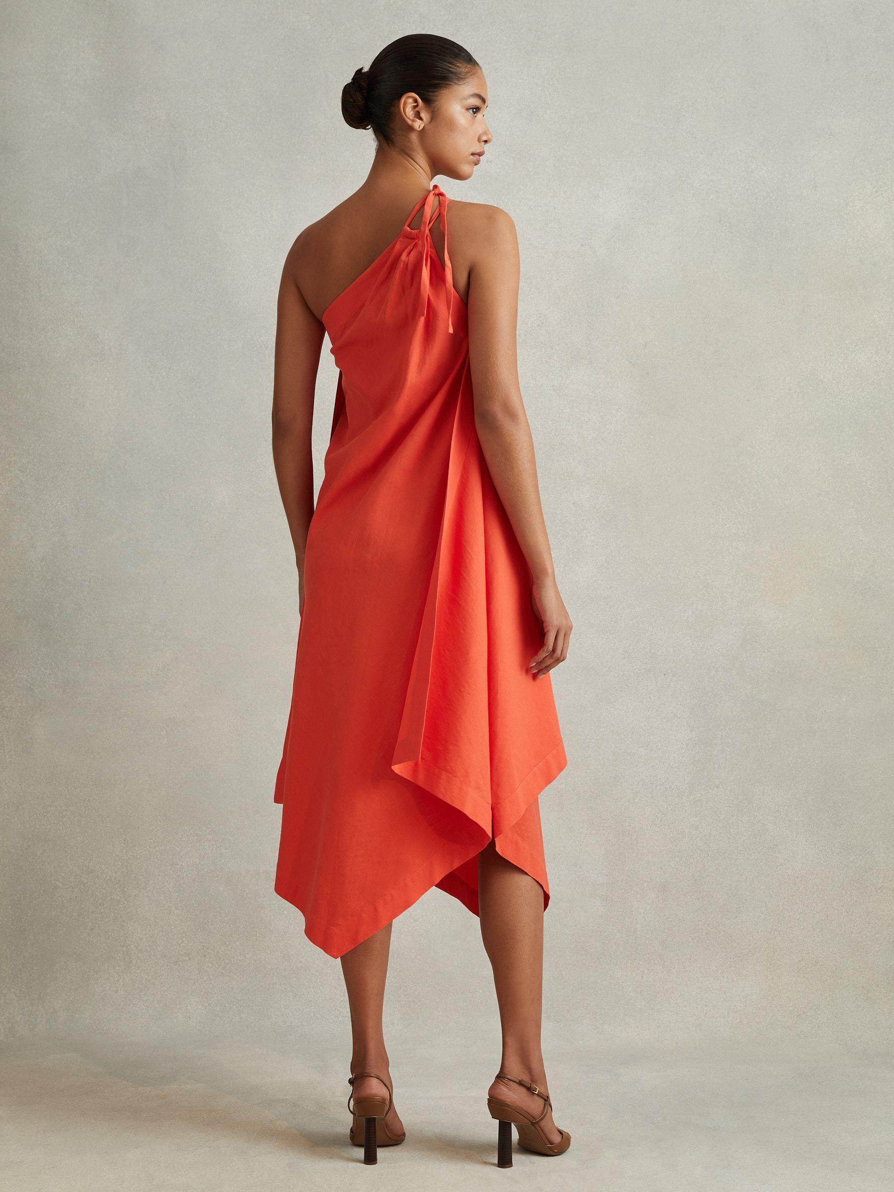 One Shoulder Draped Midi Dress in Orange Product Image