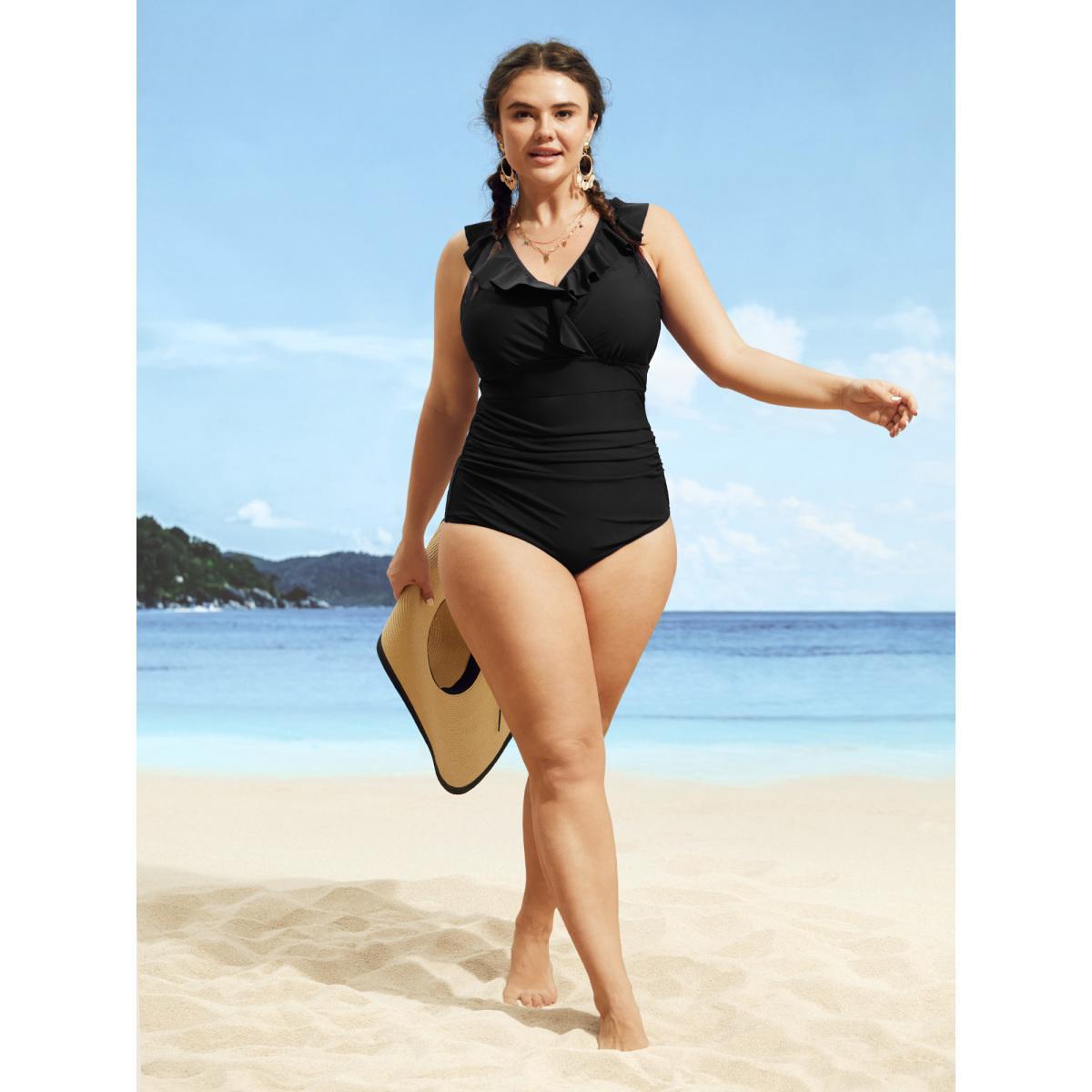 Plus Size Plain Ruffle Trim Gathered One Piece Swimsuit Women's Swimwear Black Beach Gathered Curve Bathing Suits High stretch One Pieces BloomChic 22-24/3X Product Image