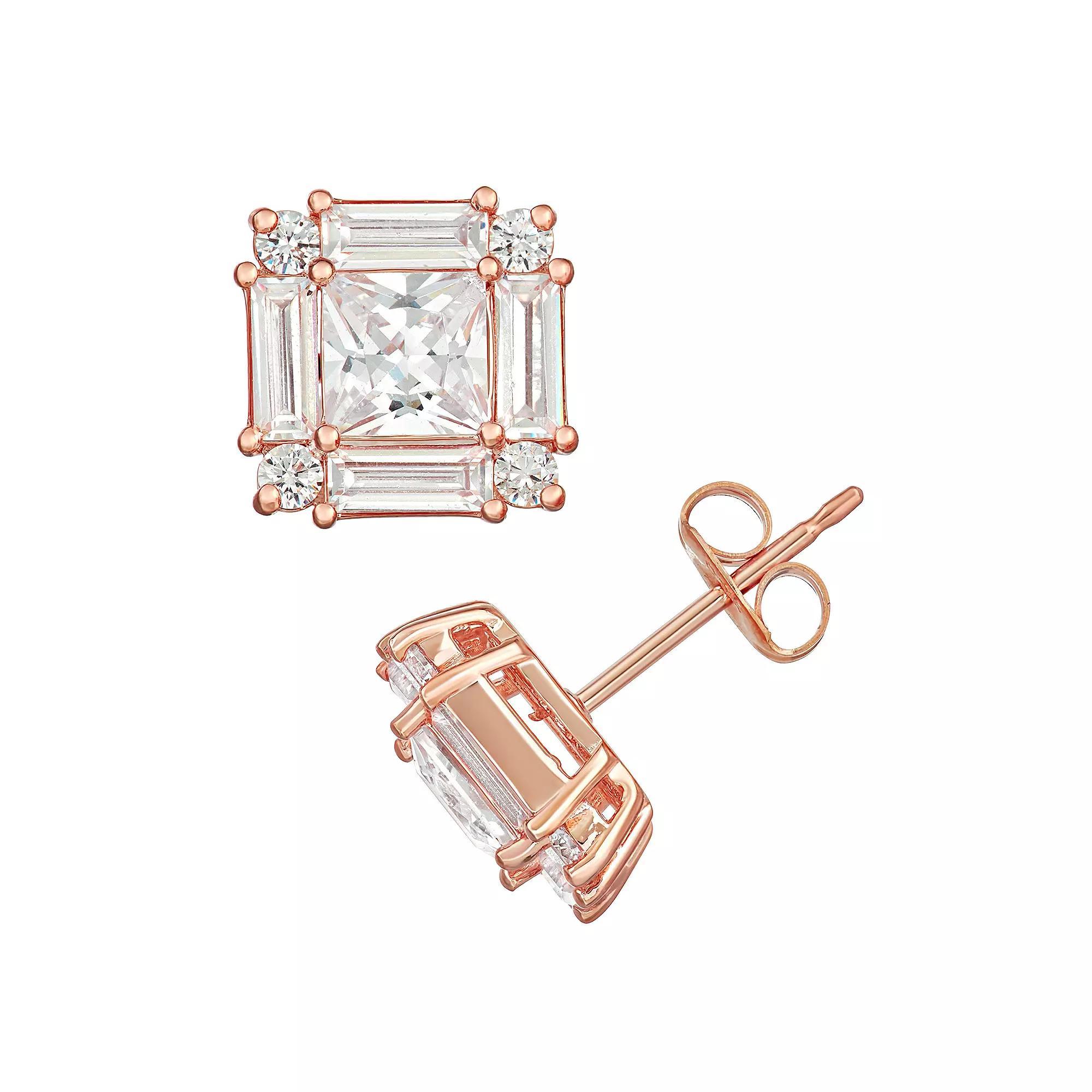 14k Rose Gold Over Silver Cubic Zirconia Princess Stud Earrings, Women's, Pink Tone Product Image