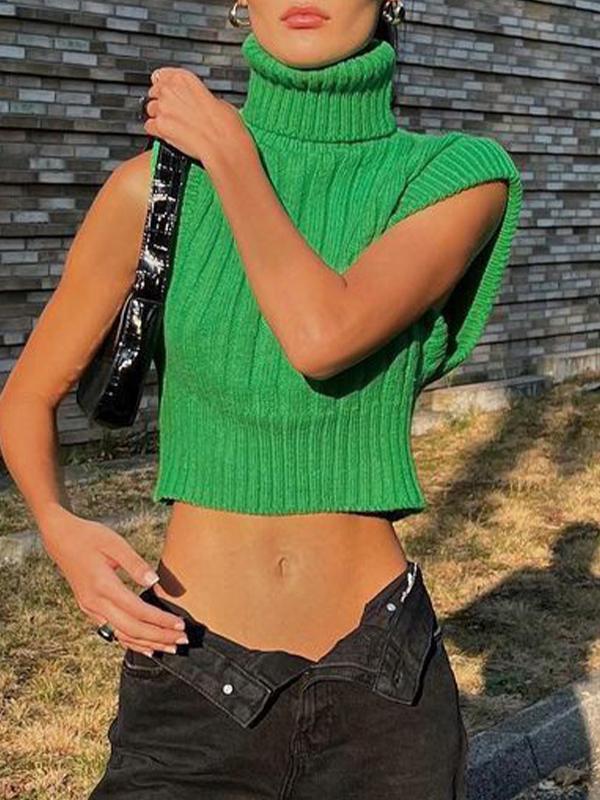 Solid Ribbed High Neck Short Sweater Vest Product Image