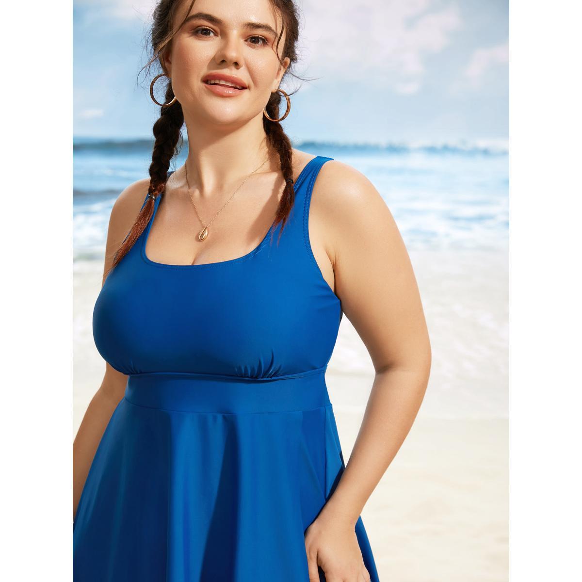 Plus Size U Neck Solid Tiered Slit Hem Swim Dress Women's Swimwear Mediumblue Beach Bodycon U-neck High stretch Curve Swim Dresses BloomChic 22-24/3X Product Image