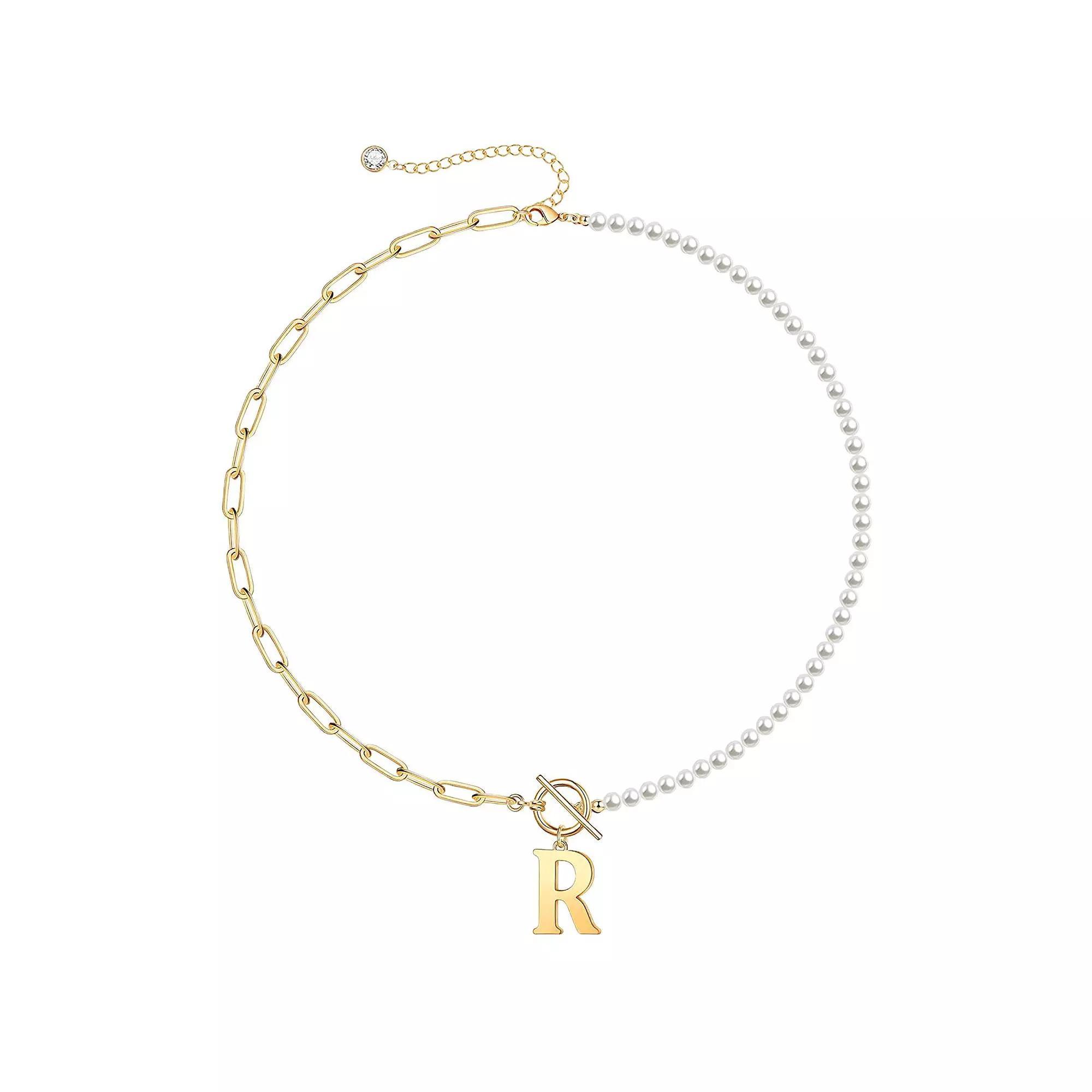 14k Gold Plated Initial Link Chain Necklace, Womens Gold Tone R Product Image